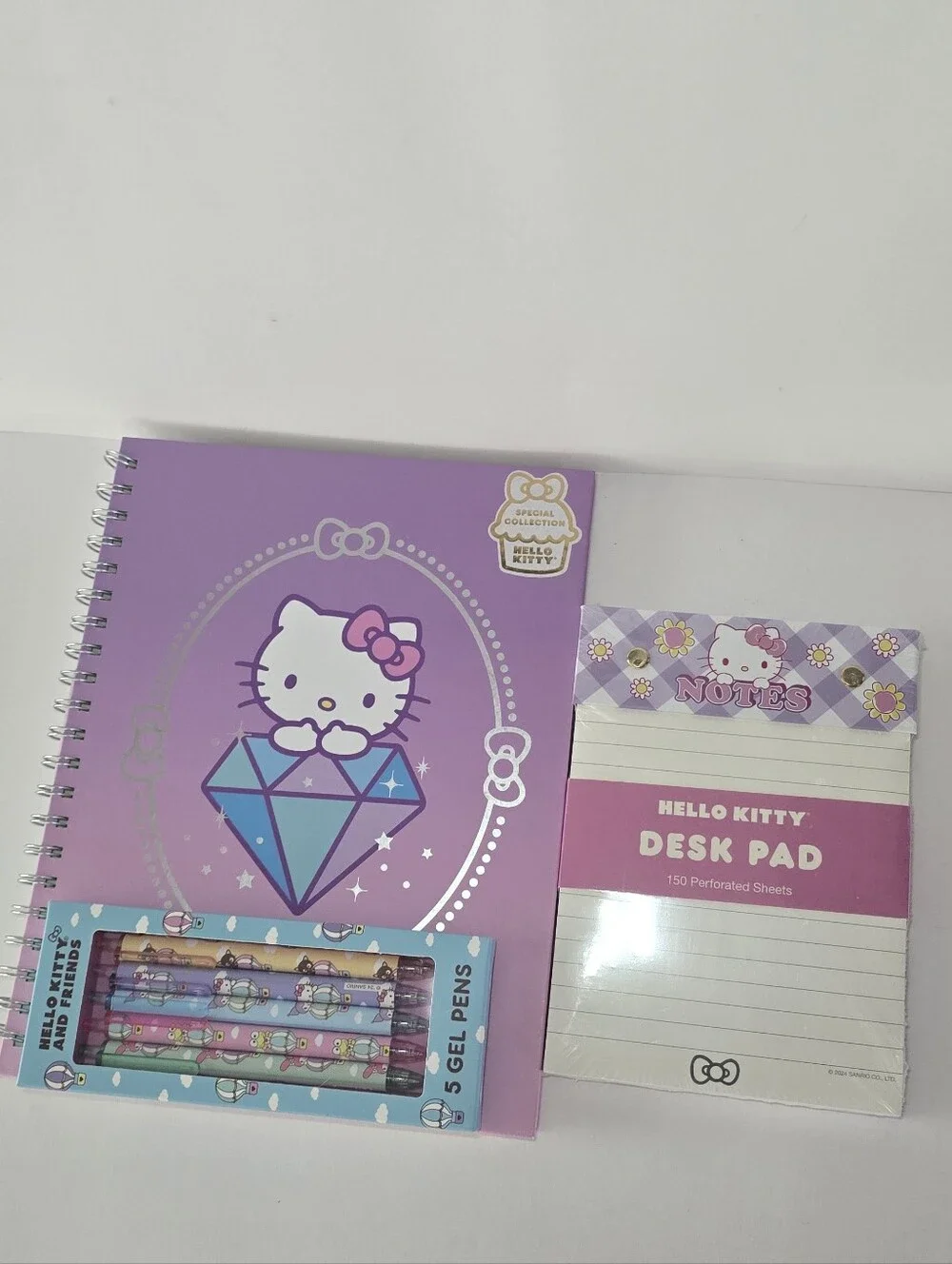 Hello Kitty Stationary  Set Purple Hardcover Notebook + Desk Pad + Gel Pen Set